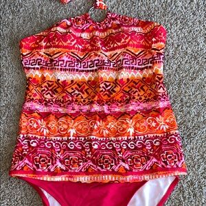 Chaps Pink and Orange Patterned Women's Swimsuit size 8